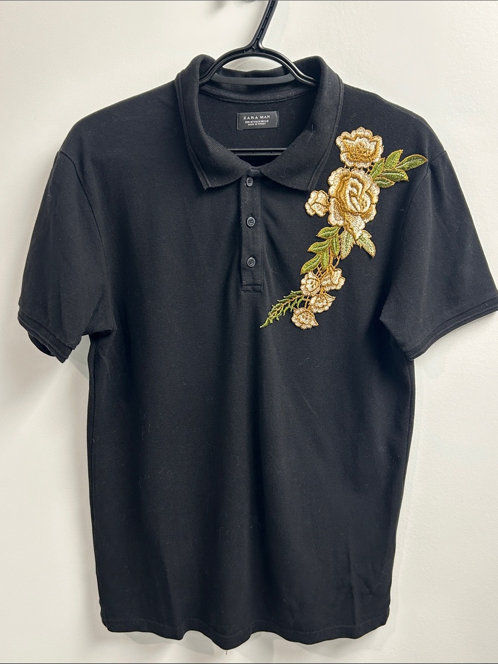Zara Black Polo with Gold Floral Embroidery